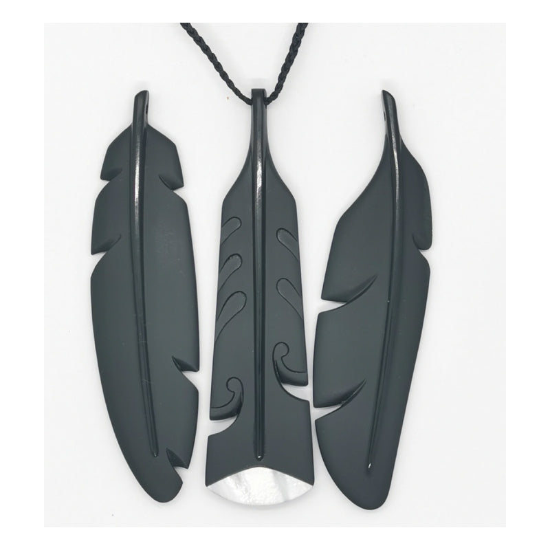 Black jade feather pendant collection with mother of pearl inlay
