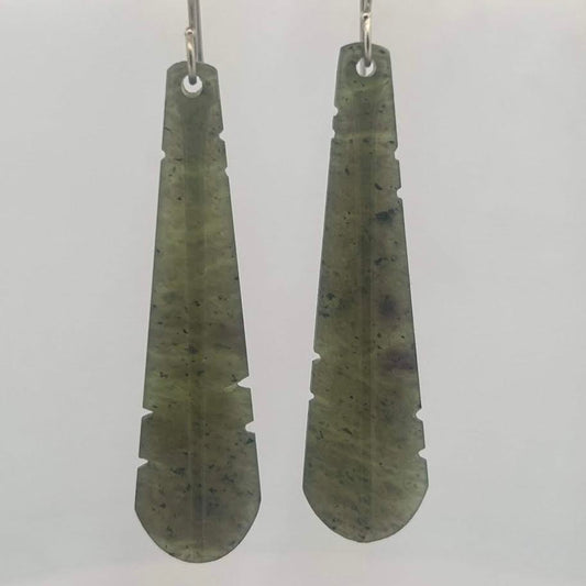 Piwakawaka Feather Greenstone Earrings